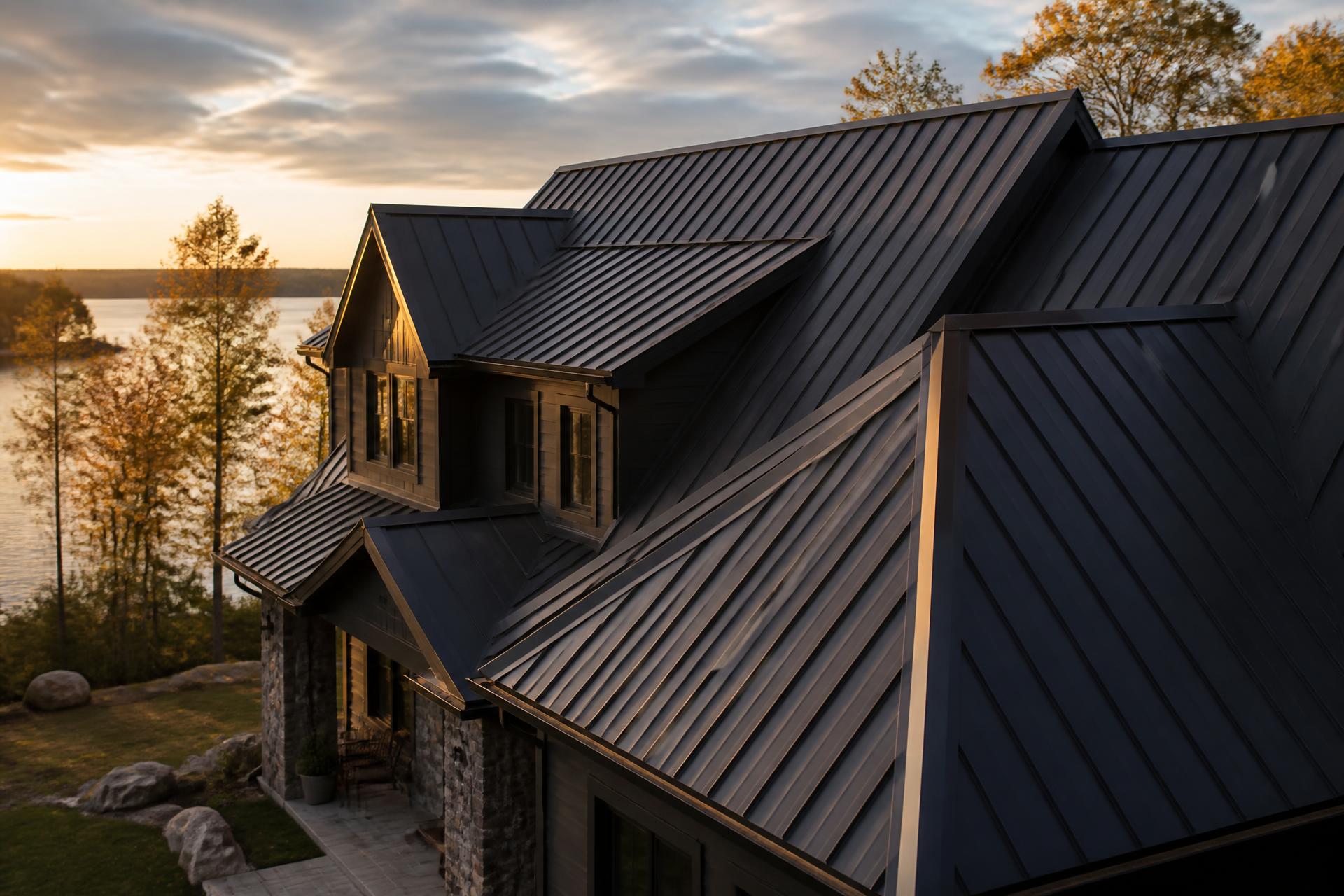 New standing seam metal roof on a Michigan lake house at sunset